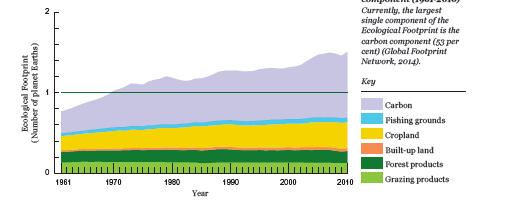 Segundo o Living Planet Report, no ano de 2010, a PE global foi de 18,1 mil milhões de gha 1 ou 2,6 gha per capita enquanto a biocapacidade da Terra foi de 12 mil milhões de gha ou 1,7 gha per capita.