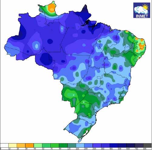 ta Catariana os volumes ficaram na faixa entre 150 e 250 mm; no Paraná, os totais registrados no mesmo período ficaram predominantemente abaixo dos 120 mm.