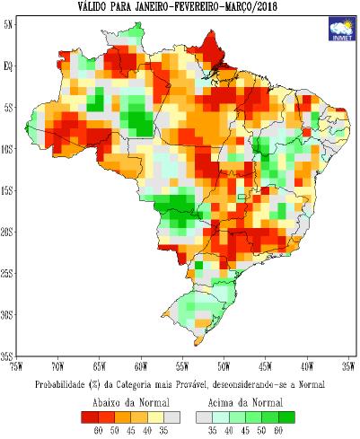 Figura 3 - Previsão probabilística de precipitação para o trimestre Jan-fev-mar/2019 Fonte: Inmet.