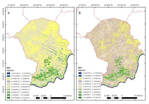 Figura 5. Variação espacial do SAVI, A (2014), B (2015). CONCLUSÃO De forma geral, verificou-se uma diminuição da cobertura vegetal entre as datas em estudo.