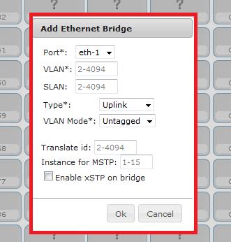 Ao selecionar a opção Creat ethernet bridge é possível criar e configurar a bridge. Port*: É possível configurar a porta ETH. VLAN*: Pode ser configurada a Vlan escolhida. SLAN: Caso use q in q.