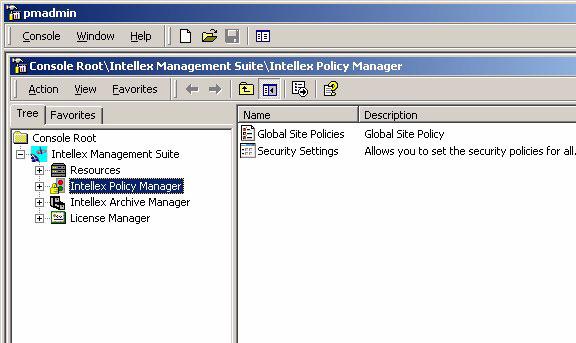 Policy Manager Exibição do Intellex Management Suite A árvore de diretórios consiste em 4 exibições principais: Recursos Intellex Policy Manager Intellex Archive Manager License Manager Esta exibição