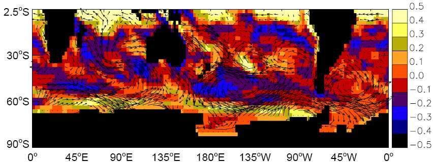 um fluxo com tendência anti-ciclônica é observado sobre o mar de Ross e ao norte do mesmo. Já nas figuras 8.3b (lag = -4 pêntadas), 8.3c (lag = -3 pêntadas) e 8.