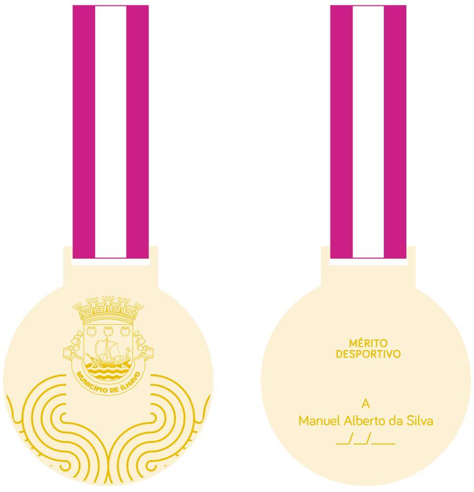ANEXO VI Medalha de Mérito Desportivo Medalha de Mérito Desportivo (Placa circular de 60 milímetros diâmetro) Fita/laço - suspenso de fita tripartida (30 milímetros), em palas de igual