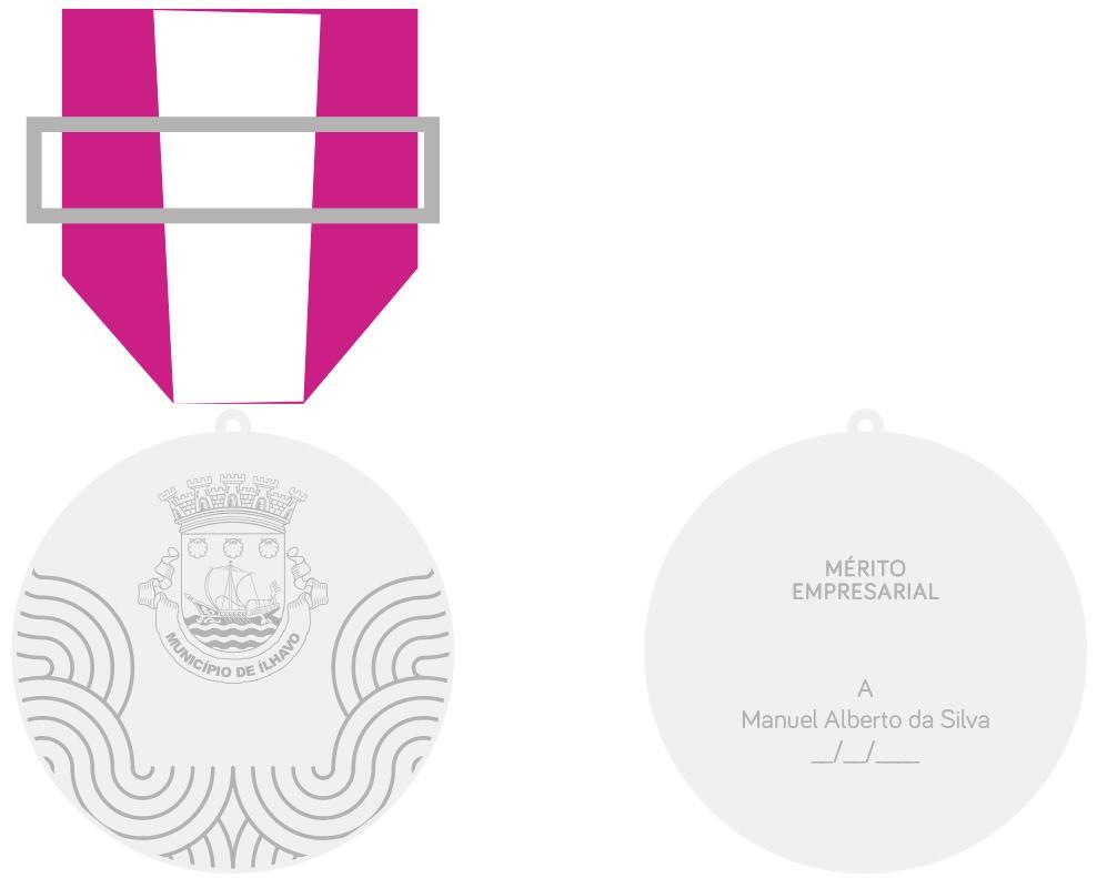 ANEXO VII Medalha de Mérito Empresarial MEDALHA DE MÉRITO EMPRESARIAL Medalha de Mérito Empresarial (Placa circular de 60 milímetros diâmetro) Medalha/Laço: pendente de fita tripartida (30