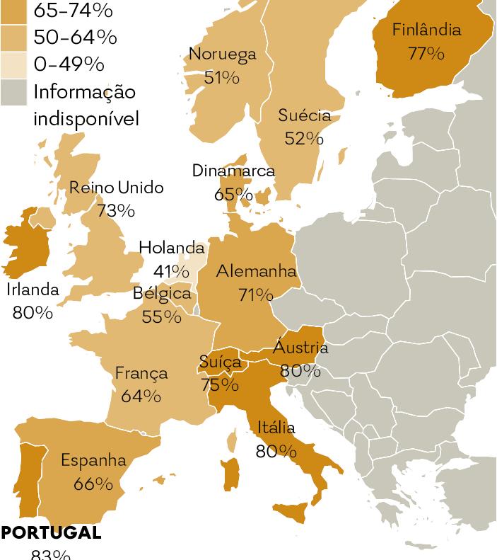 O mapa apresenta os resultados obtido no inquérito Ser cristão na Europa Ocidental, realizado pelo Pew Research Center, entre abril e agosto de 2018, em 15