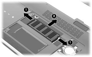 9. Se estiver a substituir um módulo de memória, remova o módulo de memória existente: a. Puxe os ganchos de fixação (1) de cada um dos lados do módulo de memória. O módulo de memória salta.