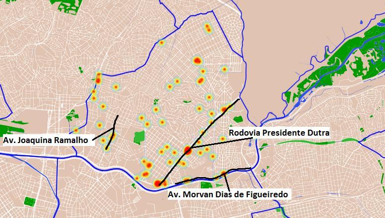 Localização das ocorrências fatais entre 2015 e 2017 Subprefeitura