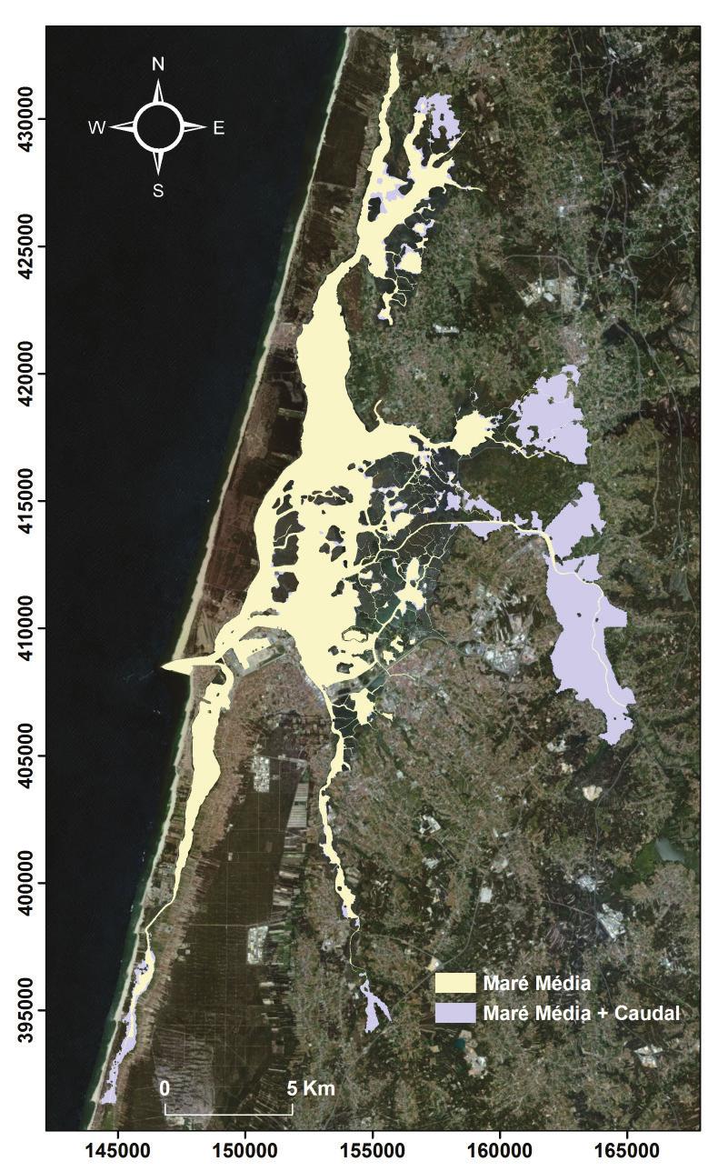 de caudal fluvial. Foram construídos mapas de extensão de inundação para os dois casos, e calculou-se a área total da Ria de Aveiro inundada.