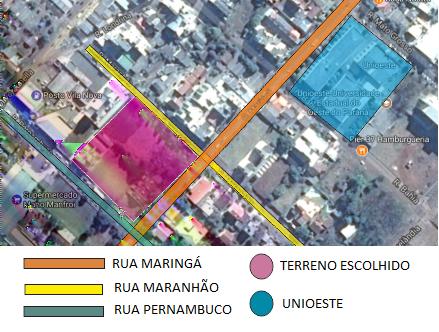 Figura 11 Mapa de localização do terreno. Fonte: Google Maps, 2017. (Imagem alterada pela autora do projeto no programa Corel Draw) 7.5 Estudo de insolação A fachada Sul faz divisa com a Rua Maringá.