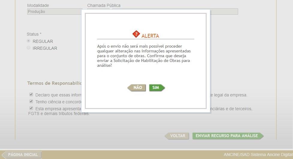 14) Na sequência o sistema irá emitir um alerta informando que após o envio não poderá ser feita qualquer alteração.