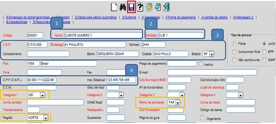 4 Cliente Acesse: Contas a Receber > Arquivo > Cliente: Cadastre o cliente conforme a ilustração