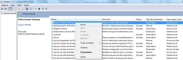 está inicializado automaticamente ou inicie o serviço manualmente (menu Ação >