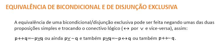 Bicondicional Conectivos: Se e somente se / Tabela Verdade: F F = V e V V = V Equivalência: (p q) = (q p) Comutatividade. Adoro Matemática se e somente se passarei nesse concurso.