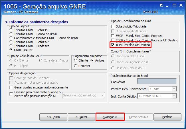 6.2 Marque na caixa Tipo do layout GNRE Online, e na Tipo de Recolhimento da Guia a opção ICMS Partilha UF Destino, preeencha os