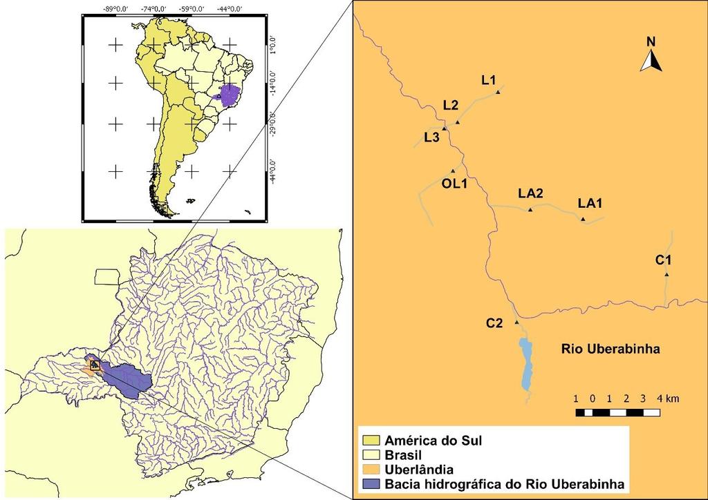 Figura 6. Localizações dos pontos de coleta na Bacia do Rio Uberabinha.