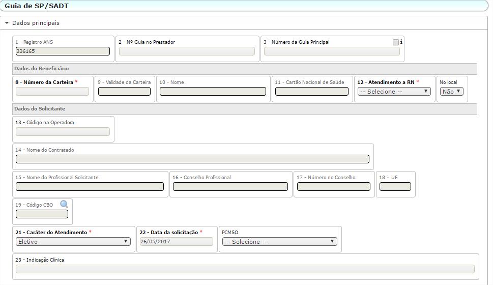 1.2 Guia de SP/SADT. Acesse o menu Guias e clique em Guia de SP/SADT e aguarde o carregamento do formulário.