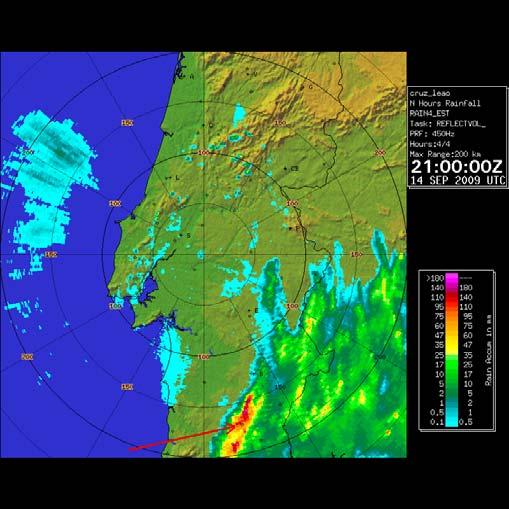 Tabela 4 - Precipitação horária acumulada, para períodos de 1h e total de 4h determinada pelo radar de Coruche/Cruz do Leão sobre a estação de Neves Corvo no dia 14 Setembro Hora (UTC) Precipitação
