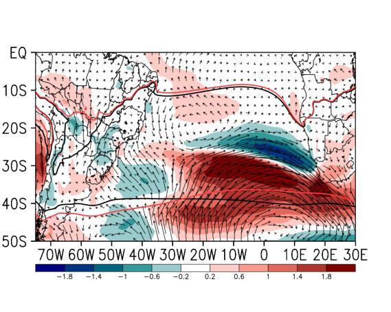 a) e) b) f) c) g) d) h) Figura 3 Diferença entre a intensidade do vento onde o ASAS esteve mais deslocado para norte e sua média climatológica, para os meses de janeiro (a), abril (b), julho (c) e