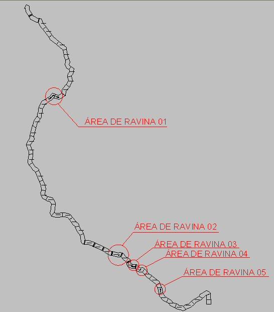 Articulação de folhas referentes ao trecho Maricá-COMPERJ com a indicação dos locais de investigação, denominados Área de Ravina 01 a 05.