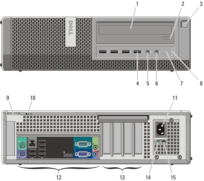 13. conectores do painel traseiro 14. slots de placa de expansão (4) Desktop Vista frontal e traseira 15. encaixe do cabo de segurança 16. anel para cadeado Figura 2.