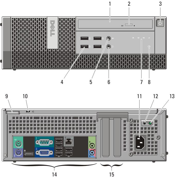 Vista frontal e traseira Figura 3. Vista frontal e traseira do modelo 1. unidade óptica 2. botão de ejeção da unidade óptica 3. botão liga/desliga, luz de 4. conectores USB 2.0 (4) 5.