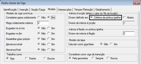 Todas as vigas que estiverem com a opção <Critérios de pórtico/grelha> selecionada nos dados gerais da viga (ver figura abaixo), no modelador estrutural, terão a inércia teórica à torção dividida