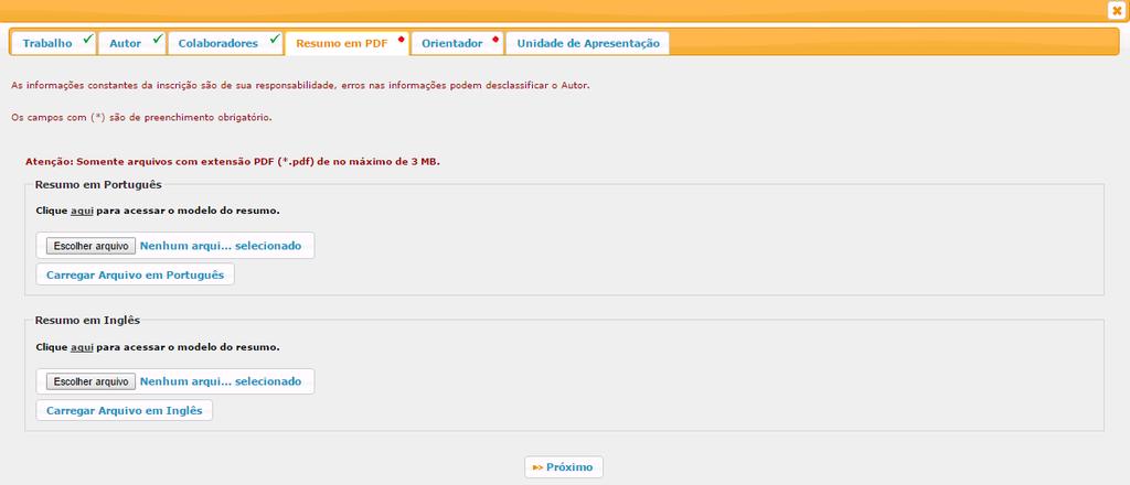 d) Na aba Resumo em PDF, insira as duas versões de seu resumo (inglês e português), clicando em Escolher arquivo