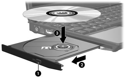 Introduzir discos ópticos 1. Ligue o computador. 2. Prima o botão de libertação (1) no painel da unidade para libertar o tabuleiro do disco. 3. Puxe o tabuleiro (2). 4.