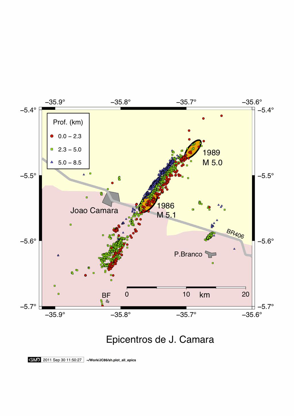 18 Figura 10. Epicentros da região de João Câmara, RN, definindo a Falha de Samambaia. As elipses laranja indicam as áreas de ruptura aproximadas dos dois maiores sismos da série.