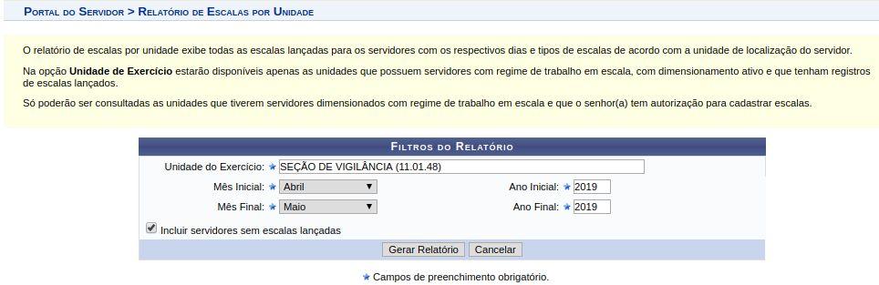 que deseja, o mês e o ano final desejado optar se deseja incluir servidores sem escalas