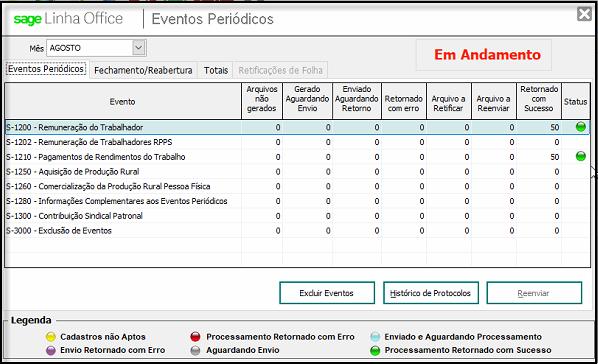 Verifique no menu Menu Esocial>Eventos Períodicos se os eventos foram transmitidos com sucesso antes de iniciar a conferência.