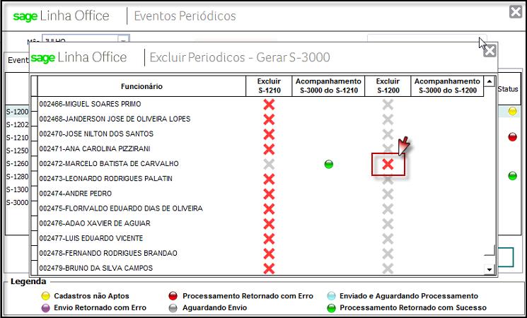 Selecione a matrícula do funcionário, excluir os eventos enviados S-1200 e S-1210 1.