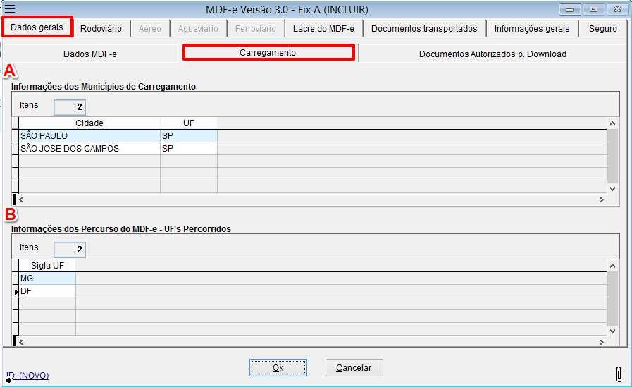 2. Carregamento: Essa tela é composta por duas grades para inclusão de dados do carregamento, clique na grade para exibir o menu de contexto e