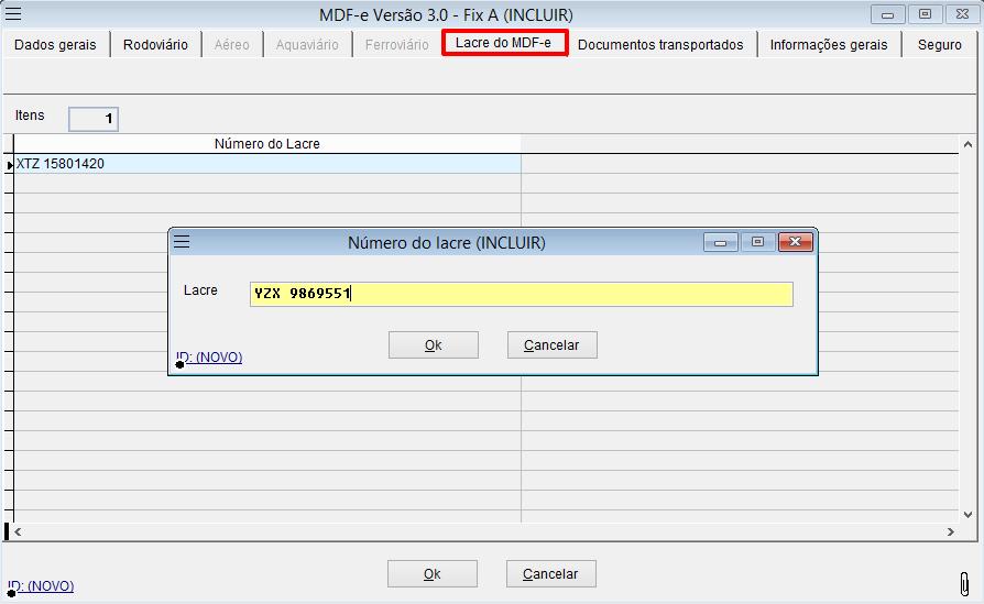Tela para informar o número do lacre da unidade de transporte.
