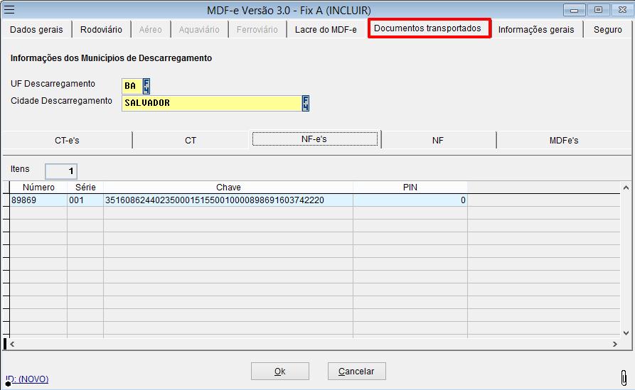 Documentos transportados: Tela para informações dos documentos