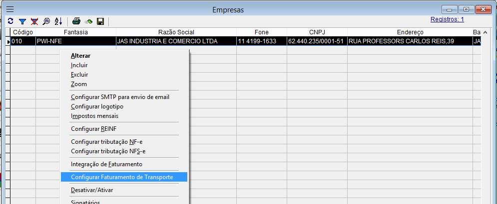 3.2 Configurar as empresas para faturamento de transporte