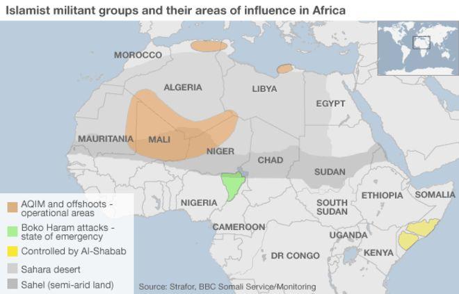 AQIM: AL-QAEDA NO MAGREB ISLÂMICO BASE NA ARGÉLIA DESDE GUERRA CIVIL (1991/2002). ALGUNS DOS SEUS LÍDERES ERAM RADICAIS DA FRENTE ISLÂMICA DE SALVAÇÃO (FIS), ATIVA ENTRE 1989/1992.