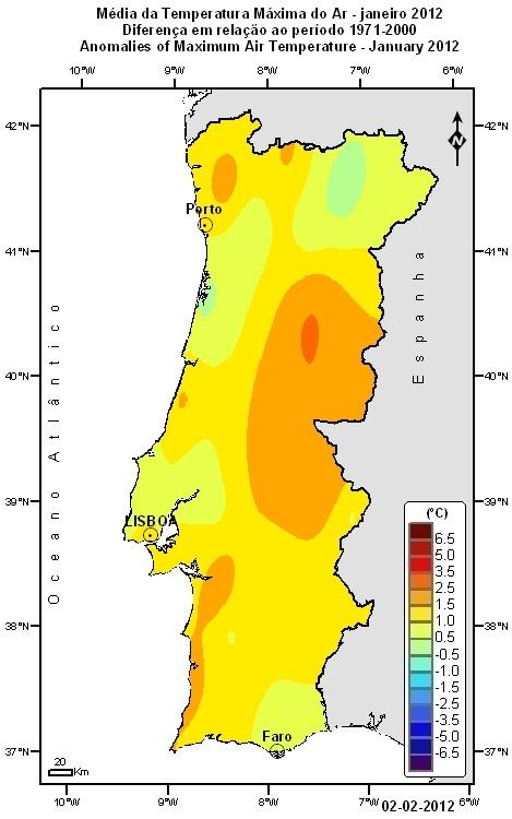 superiores. Os valores médios mensais da temperatura máxima do ar variaram entre 7.95 C em Trancoso e 18.22 C em Portimão.