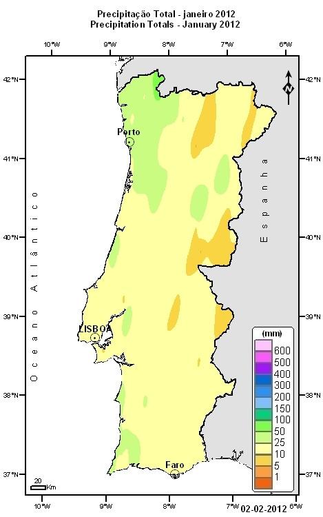 2. Precipitação total A média regional da quantidade de precipitação em Portugal Continental, no mês de janeiro 2012 foi muito inferior ao valor normal (1971-2000) em -96.