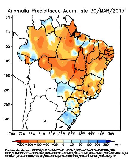 Figura 5 - Anomalia da precipitação verificada acumulada (mm) - Março/2017 Na última semana, a atuação de um sistema de baixa pressão no Tocantins e na Bahia ocasionou precipitação nas bacias dos