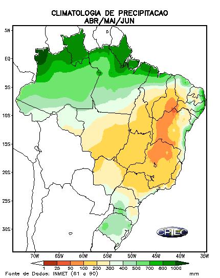 ocorrência de precipitação próxima a média histórica nas bacias dos rios Jacuí e Uruguai (Figura 7). Figura 8 Climatologia de Precipitação para o trimestre abrilmaio-junho.