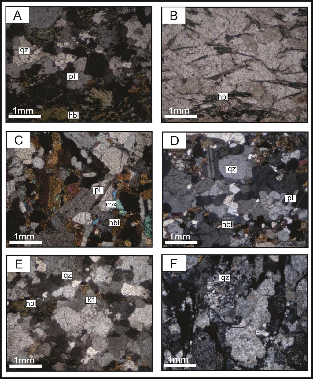 Figura 17: (A) Evidência de recristalização nos subgrãos de quartzo (qz); (B): Textura nematoblástica incipiente, marcada pela orientação dos cristais alongados de hornblenda; (C) Paragênese pl + cpx