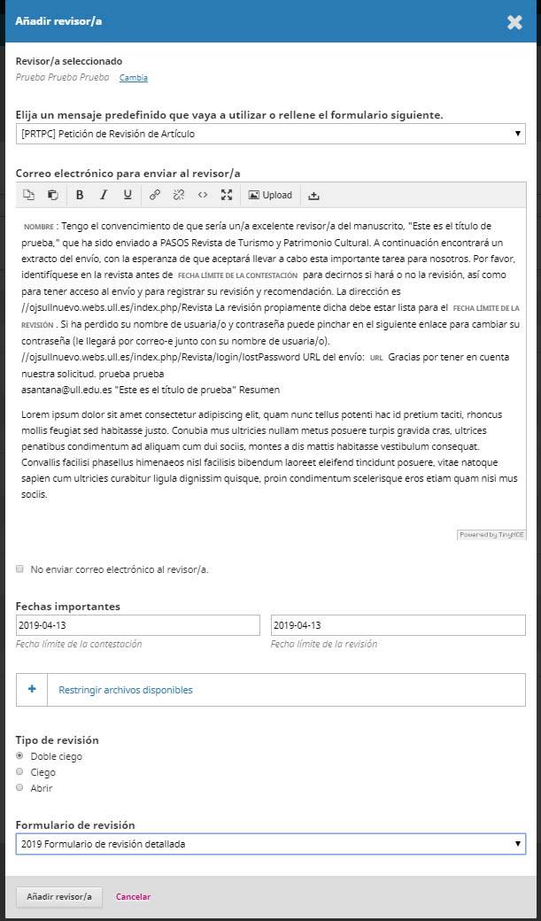 Iniciando o processo de revisão: indicando revisores/as Mensagem previamente formatada a ser recebida pelo revisor(a) selecionado(a). Incluir título e resumo.