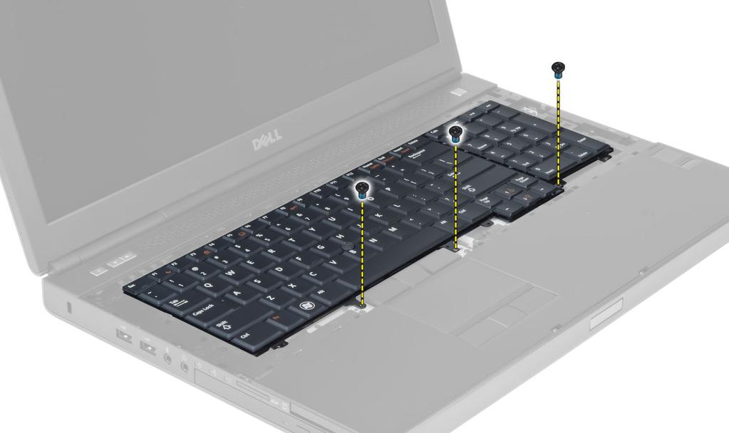 Retirar o teclado 1. Siga os procedimentos indicados em Antes de efectuar qualquer procedimento no interior do computador. 2. Remover: a. bateria b.