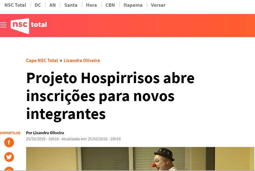 OLIVEIRA, Lizandra. Projeto Hospirrisos abre inscrições para novos integrantes. NSC Total, Florianópolis, 25 mar. 2019.