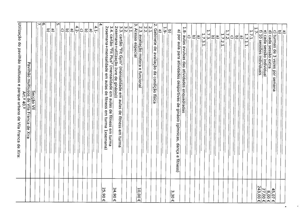 c) turmas de 3 vezes por semana 45,07 d) cada sessão extra 8,00 e) cada sessão individual 7,00 f) 10 sessões individuais 43,00 1.7-1.7.1 1.