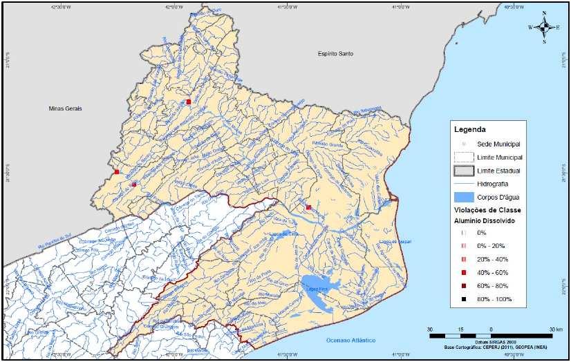 Figura 8 Violações de Classe 2 na RH-IX Alumínio Dissolvido Fonte: Relatório de Diagnóstico - Plano Estadual de Recursos Hídricos do Estado do Rio de Janeiro (2013) - Fundação COPPETEC