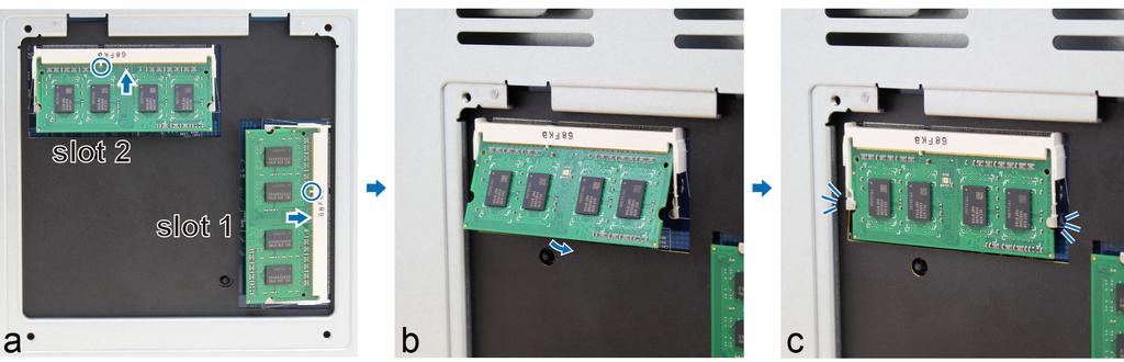 Desligue todos os cabos ligados à DiskStation para evitar possíveis danos. 2 Os módulos RAM estão localizados no fundo do DS1517+. 3 Remova os 4 parafusos que seguram a tampa inferior.