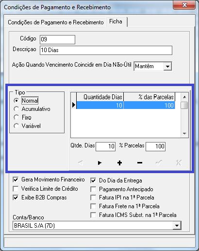 Tipo Normal Marque essa opção se desejar definir a quantidade em dias para vencimento da(s) parcela(s).